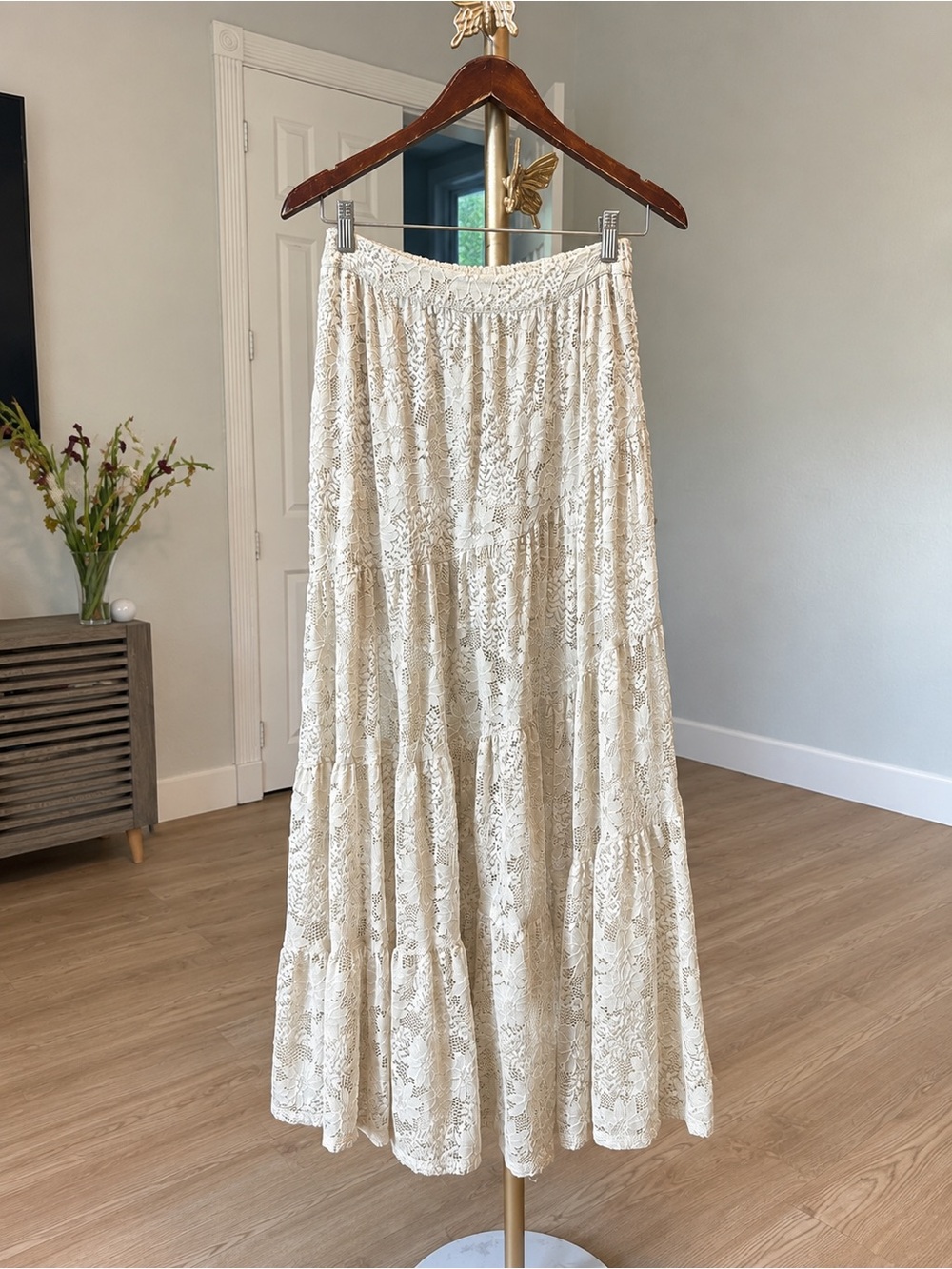 Altar'd State Cream Lace Tiered Maxi Skirt
